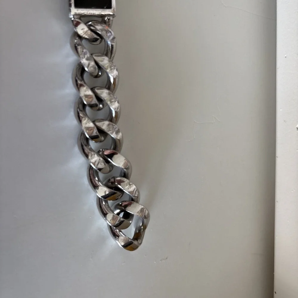 Vintage Speidel ID Bracelet Black‎ Silver Tone Thick Chain Engraved TOM 8.5